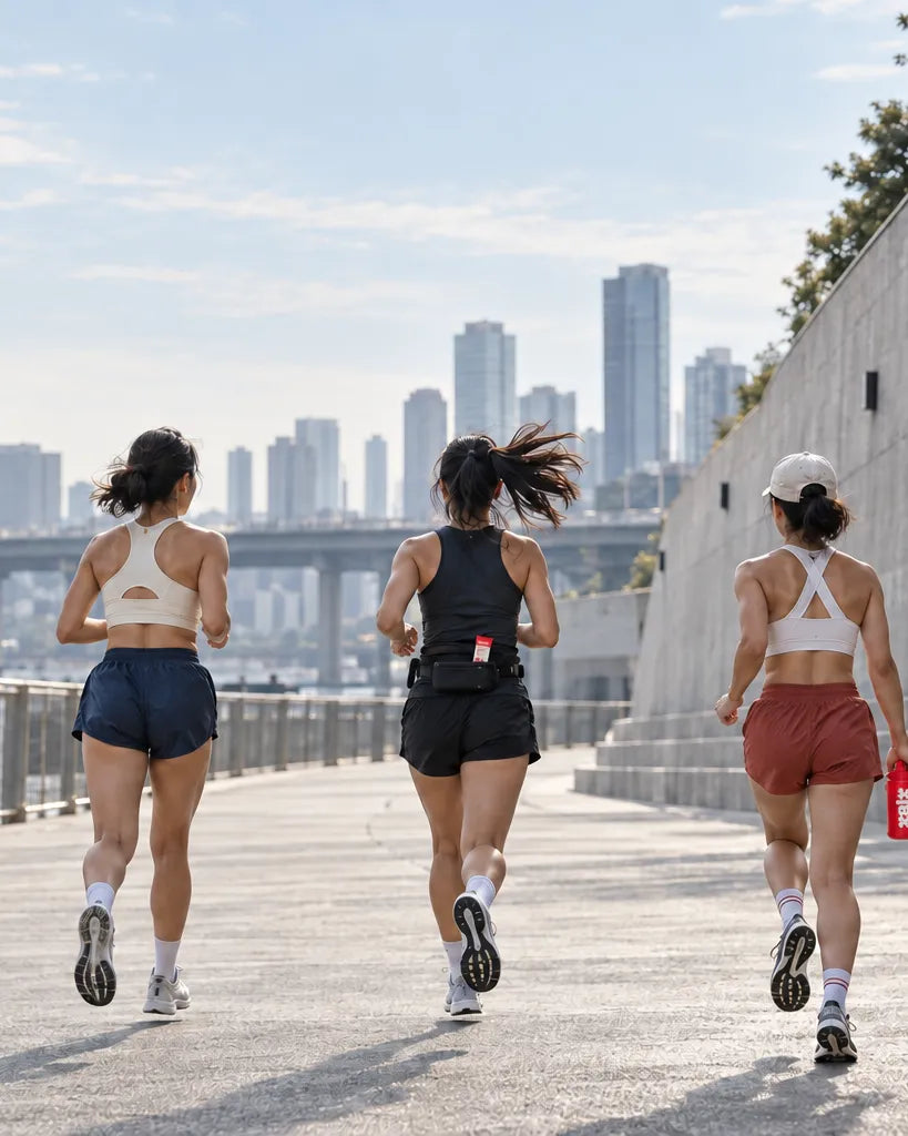 Three runners on a waterfront path, one carrying a red XALT bottle