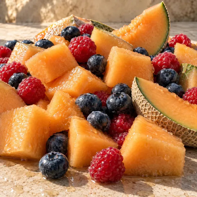 Cantaloupe melon with raspberries and blueberries